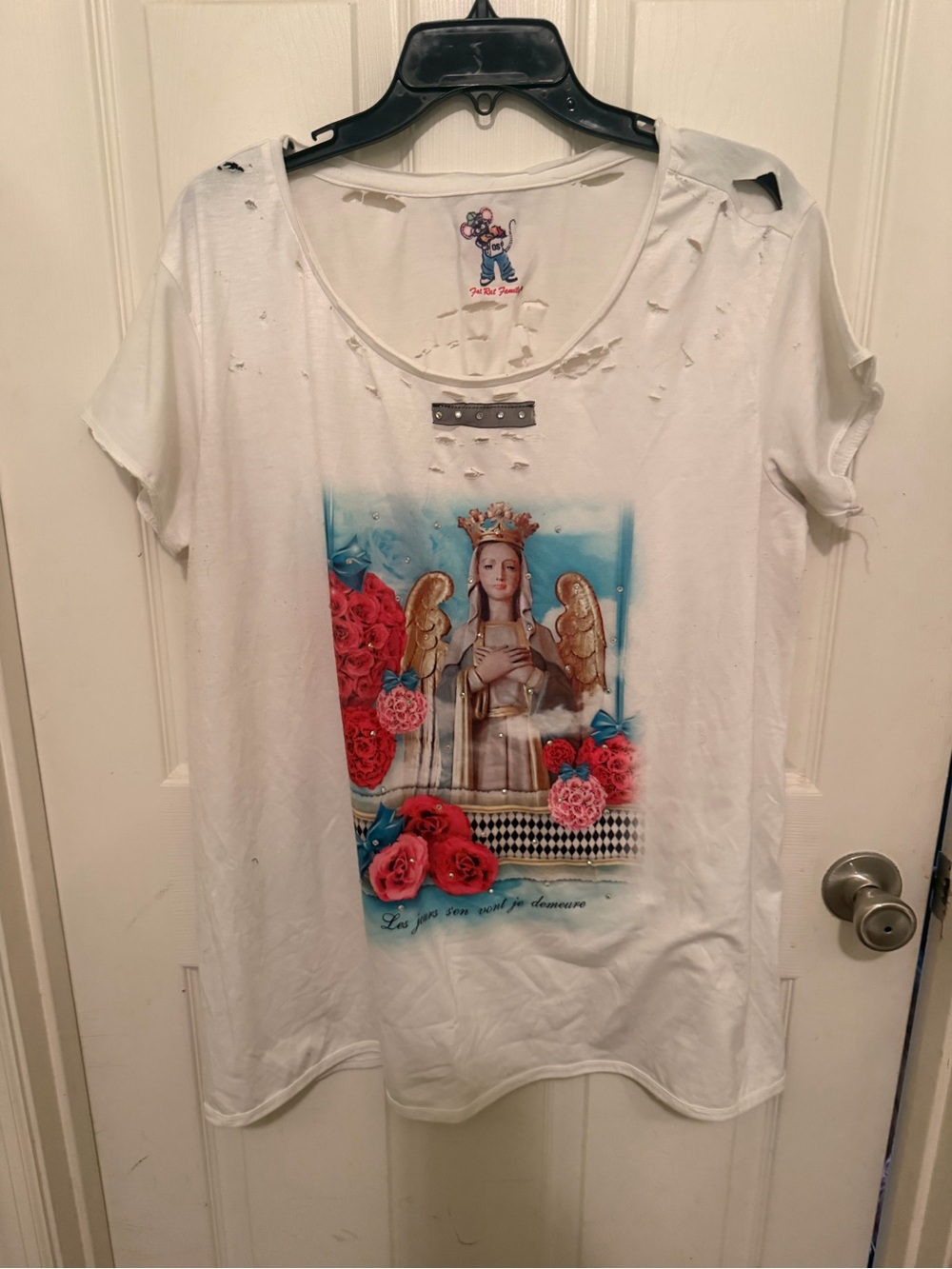 White Distressed Angel Graphic Short Sleeve Tee